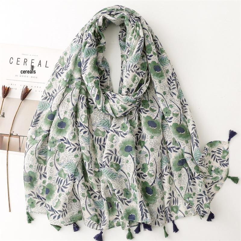 Женский этнический хлопково-льняной шарф Yitao: Дизайн с кисточками в виде колосков оранжевой пшеницы, идеально подходит для путешествий, пляжа или использования в качестве шали