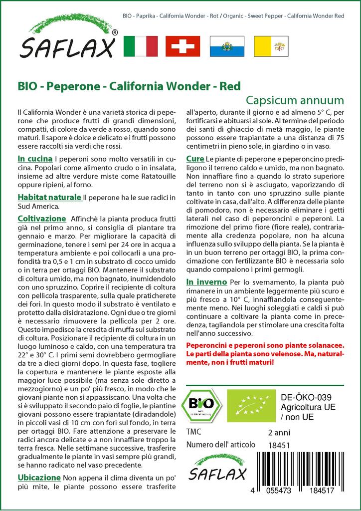 SAFLAX Organic - Sweet Pepper - California Wonder Red - 20 Seeds - Capsicum Annuum