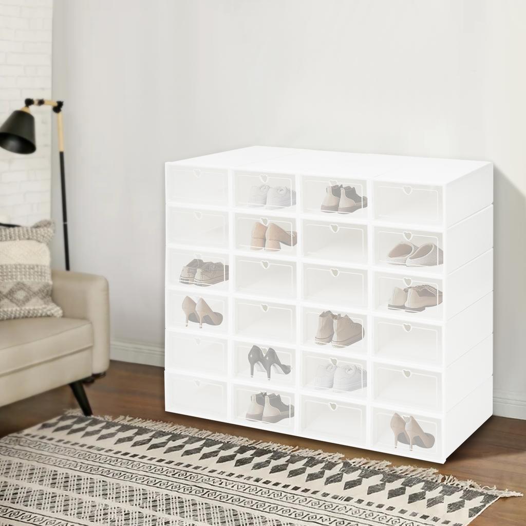 24-Pack Large Shoe Boxe, Clear Stackable Shoe Organizer, Heart Design White Storage Bins, Thick Plastic Closet Organizers