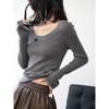 Women's Spring 2025 Trendy U-Neck Gray Knitted Slim-Fit Sweater Top