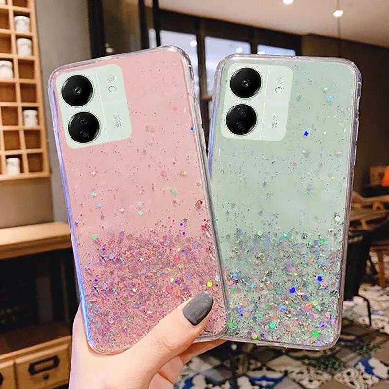 Phone Case for Xiaomi Redmi 13C 4G 13 C Gold Foil Shiny Bling Glitter Star Soft Case for POCO C65 C 65 Gradient Transparent Silicone TPU Back Cover