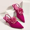 Fashion Slingbacks Sandals Summer Women's Heels Red Ribbon Flowers Wedding Bridal Shoes Sexy Pointed Toe Stilettos Party Heels