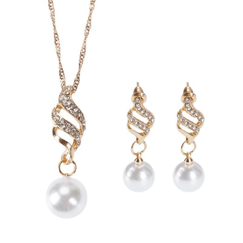 European & American Fashion Bridal Jewelry Set: Pearl Diamond Twist Chain Earrings & Necklace
