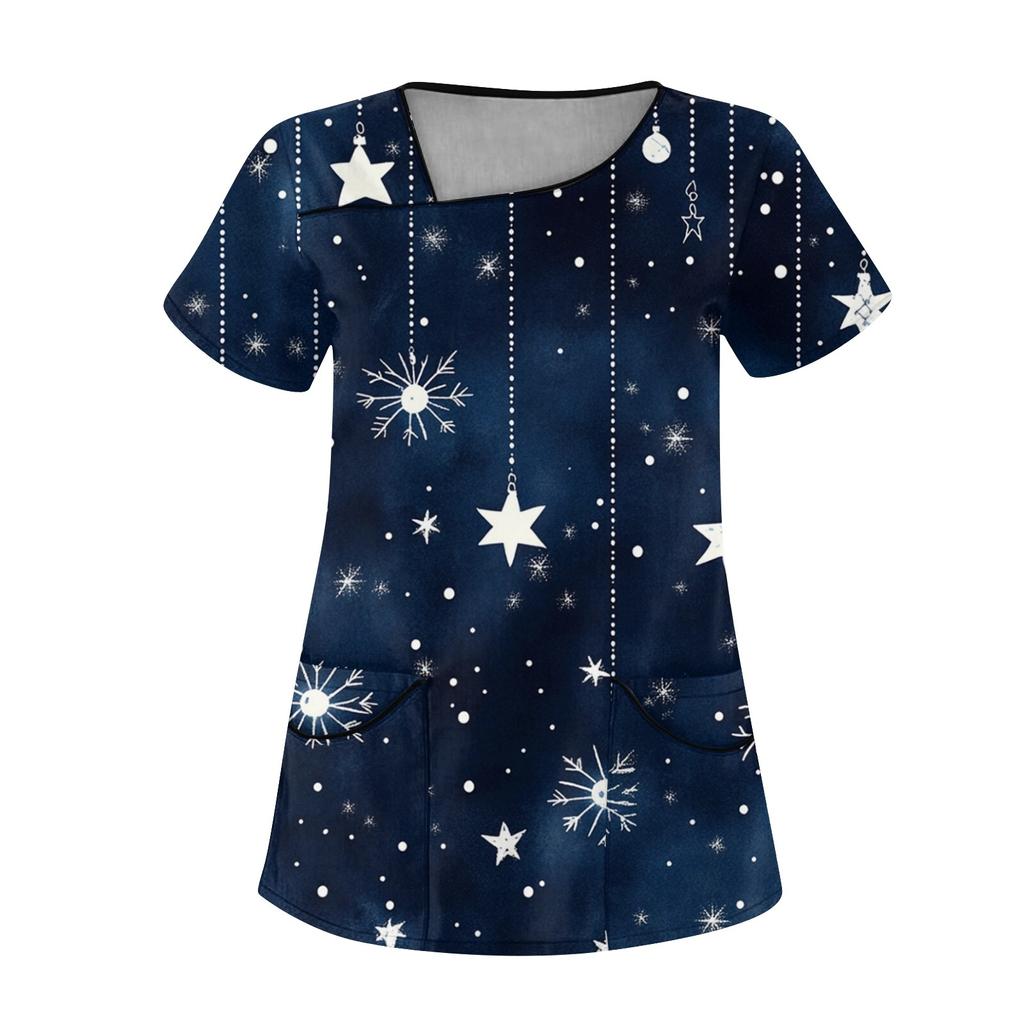 Женская рабочая одежда с рождественским принтом, покатый воротник и двухслойные карманы, базовый пуловер сверху