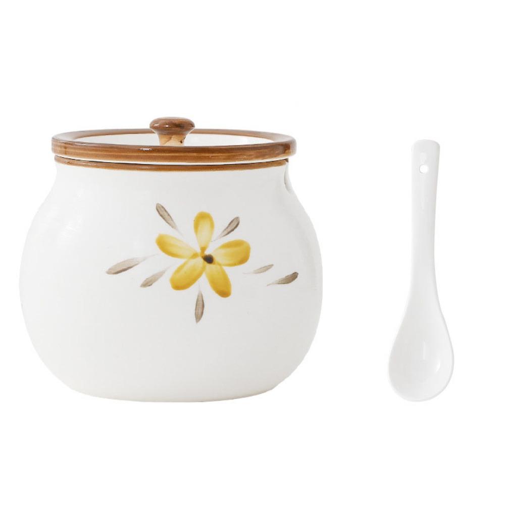 С крышкой и ложкой Керамическая банка для жира Японская горшочка для жира Практичная банка для приправ Сахар