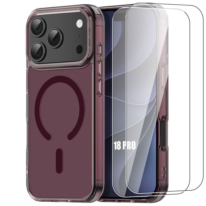 Coque + 2 Verres Trempés pour iPhone 18 Pro, Antichoc avec Anneau Magnétique - Bordeaux Translucide