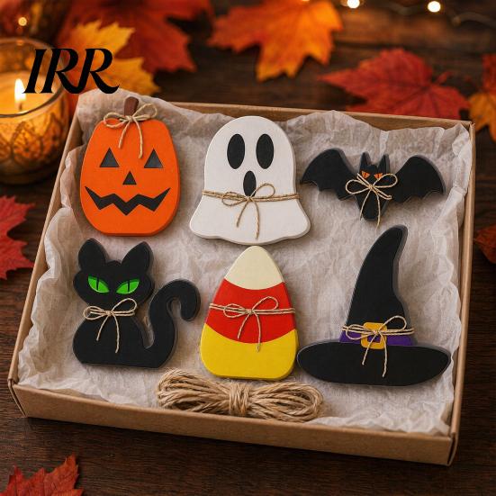 Classic Halloween Shapes Set 6Pcs Tiered Tray Decor, Ghost Black Cat Mummy Figurines, Pumpkin Witch Durable Wooden Decor Hat Bat Ornaments for
