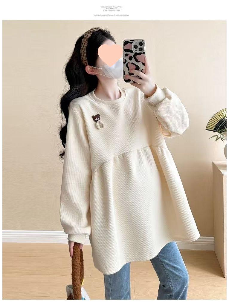 2025 Корейский стиль Свободный с круглым вырезом Флисовый свитшот для беременных на осень/зиму