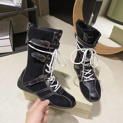 Женские ретро кожаные боксерские ботинки до середины икры - Летний британский стиль на толстой подошве