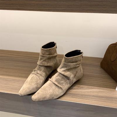 Ботильоны на толстом каблуке с квадратным носком из замшевого ворса, короткие ботинки, женские ботинки 2025 весна-осень, французские маленькие ботильоны телесного цвета, ботинки Мартин цвета хаки