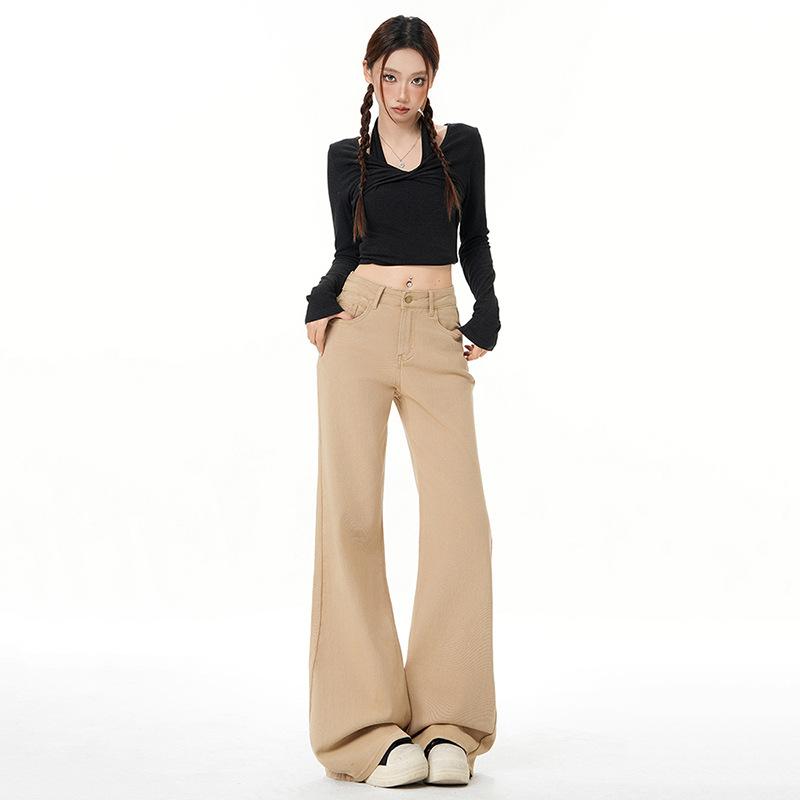 Khaki embroidered elastic micro-flared jeans women's autumn and winter high waist and thin non-stick leg embroidered floor pants Yichun