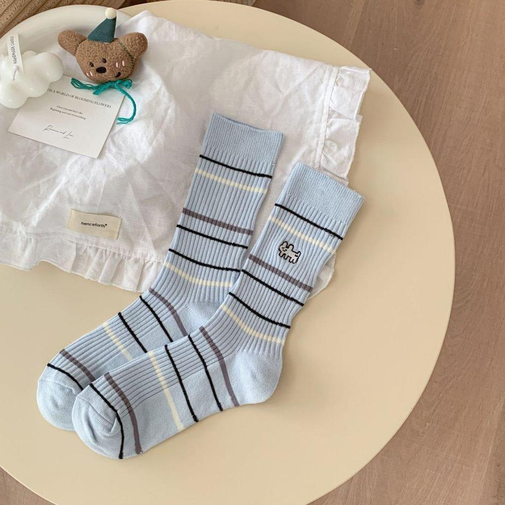 Мультяшная вышивка щенка, милые носки, женские осенне-зимние носки средней длины, корейские полосатые хлопковые вязаные эластичные длинные носки