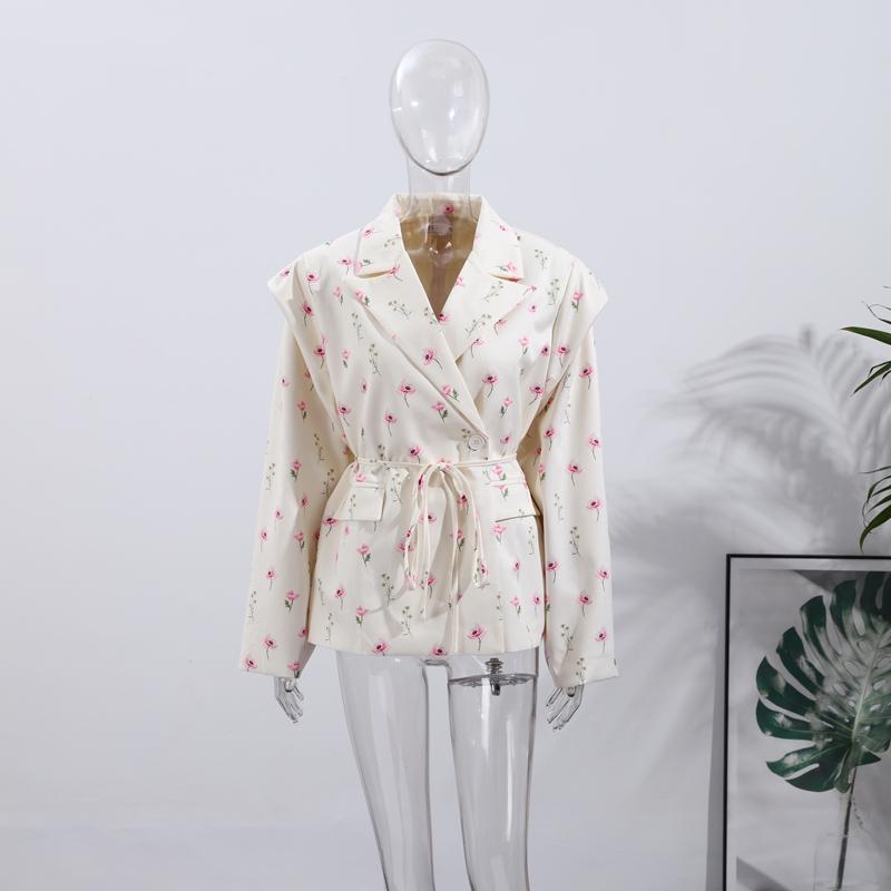 Fashion Floral Belts Blazer Coat Women Shoulder Pads Single Breasted Notched Long Sleeve Street Jacket 2025 Spring Holiday Party