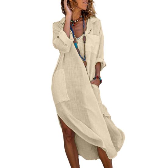 Women Summer Lapel V Neck Shirt Dress Solid Color Pockets Design Side Split Loose Fit Thin Midi Dress Beach Holiday Dress