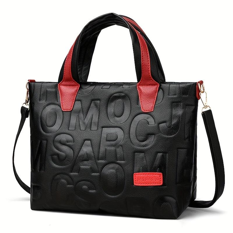 Stylish Letter Embossed Handbag, Color Contrast Crossbody Bag, Women's Top Handle Tote Bag Shoulder Purse