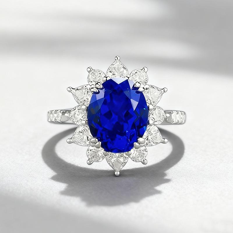 Серебряное кольцо S925 с синим цветком, овальное - Европейский и американский стиль, 2025