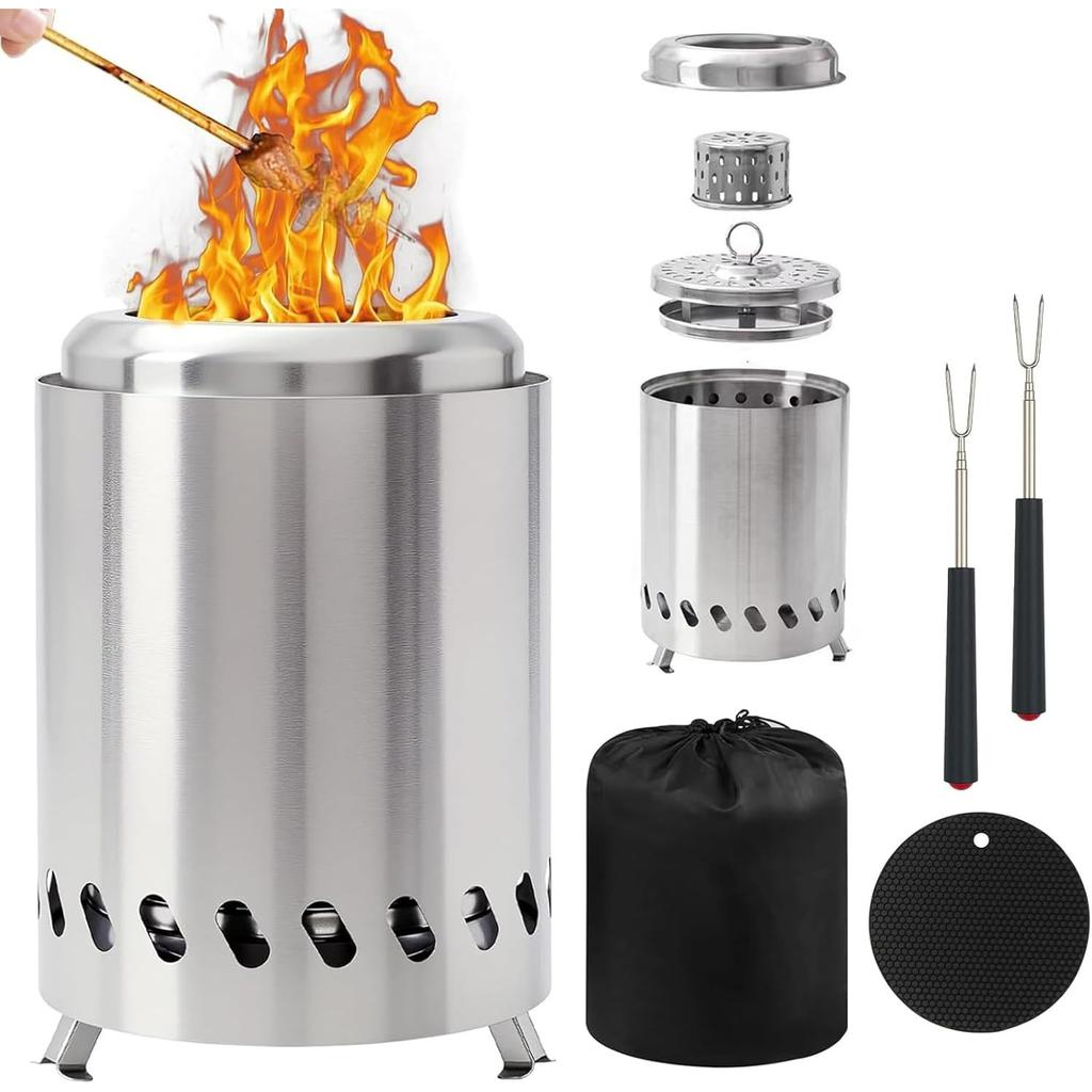 Smokeless Table Top Fire Pit,Portable Stainless Steel Firepit,Outdoor Wood Burning Fireplaces with Airflow Rack,Fork and Travel Bag,Mini Outdoor Stove
