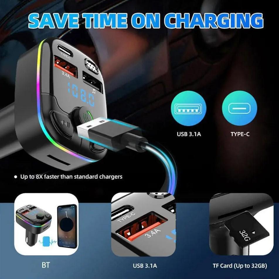 Bluetooth 5.0 Car FM Transmitter PD Type-C Dual USB Ambient Player Car MP3 Charger Type-C Wireless Light 18W Handsfree PD QC3.0