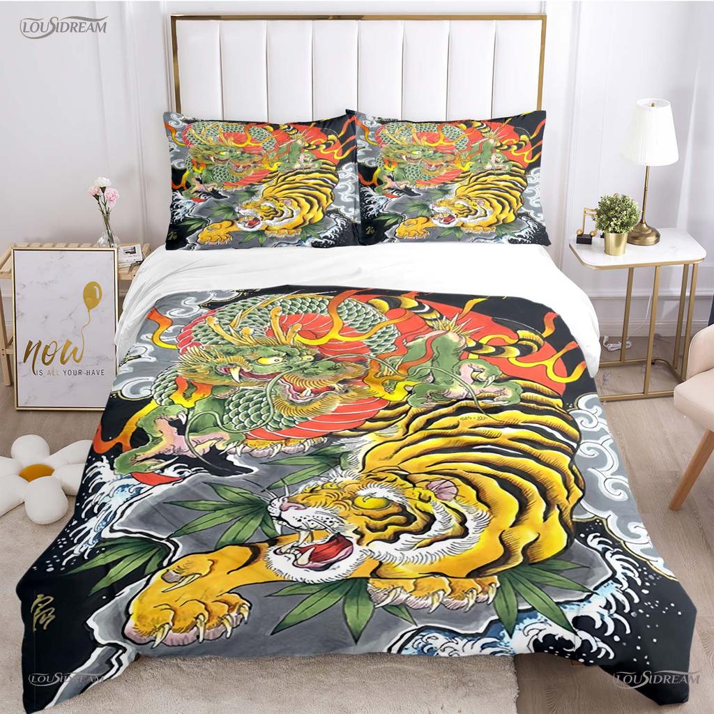 Fashion Dragon and Tiger Battle All Season Duvet Cover Bedding Sets Soft Quilt Cover and Pillowcases Single/Double/Queen/King