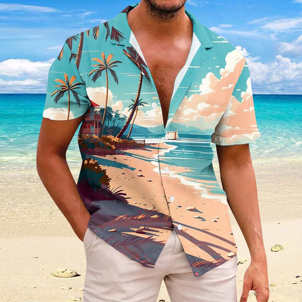 Гавайская рубашка для мужчин, повседневная модная летняя футболка с коротким рукавом и пуговицами, топ с принтом