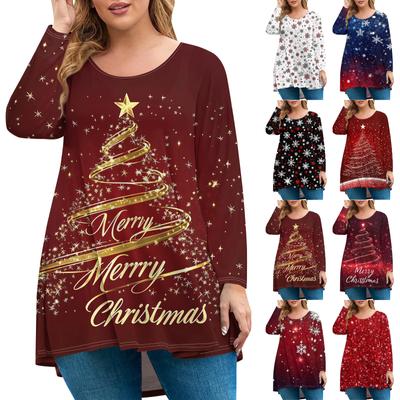 Женская мода большого размера с круглым вырезом и длинным рукавом, повседневный свободный пуловер с рождественским принтом