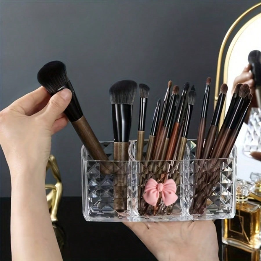1Pc Cute Makeup Brush Storage Box With Multiple Compartments And Bow Decoration