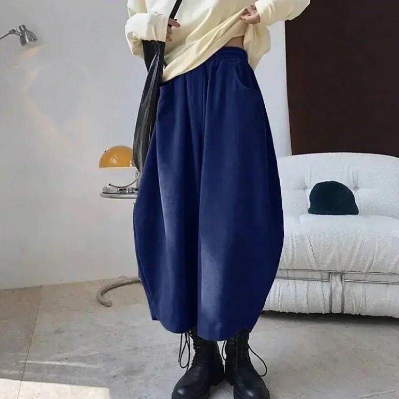 Vintage Loose Bloomers Womens Pants Spring Elegant Wide-legged Harem Pants With Pockets Autumn Office-lady Solid Trousers 30016