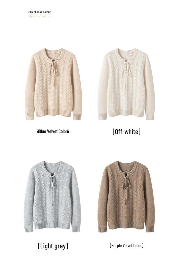 Double-Line Lace-Up Cashmere Sweater: Women's Thickened Loose-Fit, Round-Neck Cable Knit for Autumn/Winter.