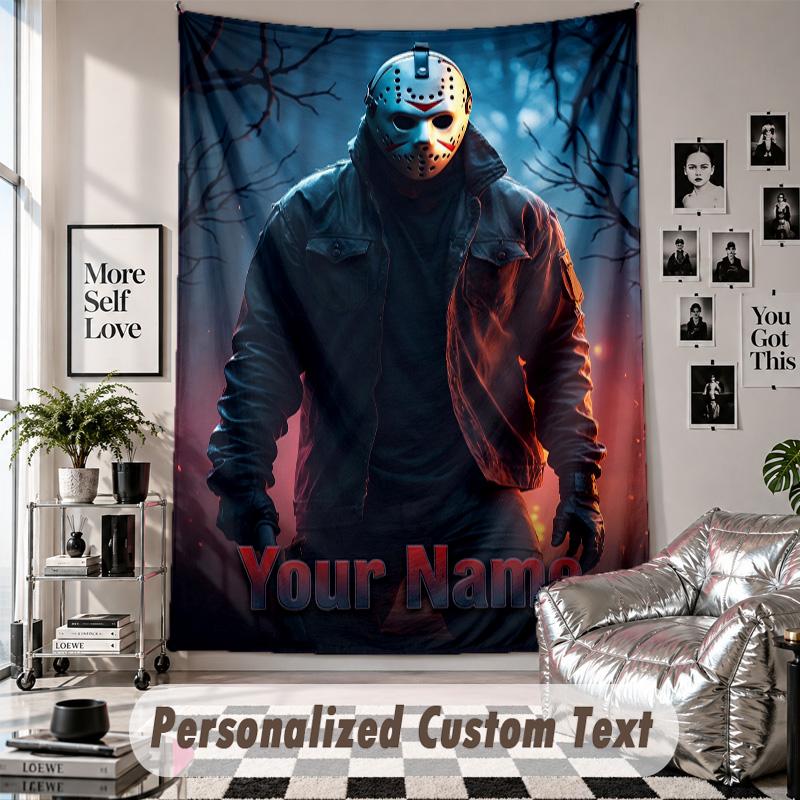 Custom Tapestry Wall Hanging, Friday the 13th Jason Voorhees Personalized Name Text Home Wall Decor