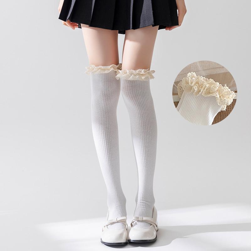 Однотонные высокие кружевные милые чулки в стиле Лолиты, толстые теплые черные белые длинные носки для женщин