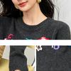 Dimanaf 2025 Women Sweaters Knitting Basic Embroidered Flowers Grey O-Neck Style Loose Pullover Sweater