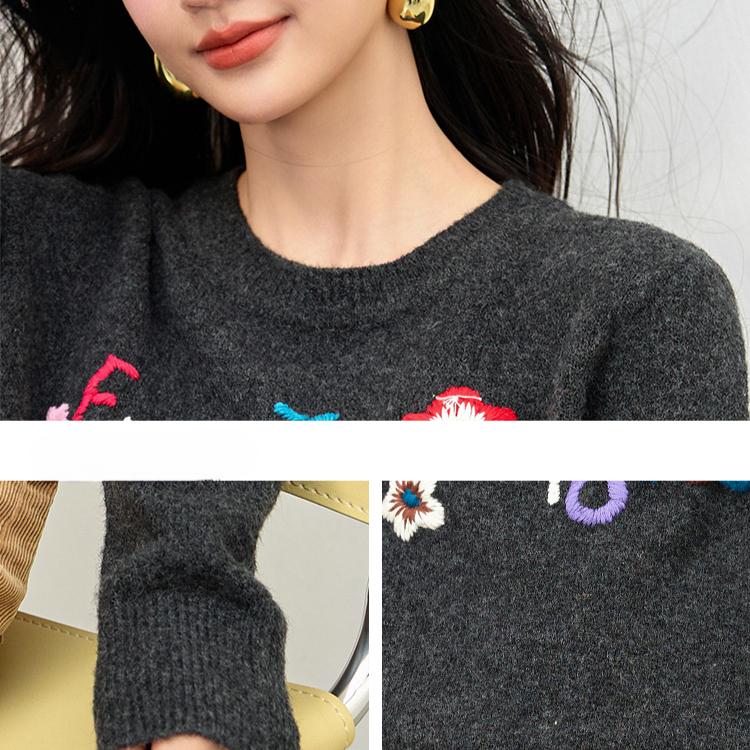 Dimanaf 2025 Women Sweaters Knitting Basic Embroidered Flowers Grey O-Neck Style Loose Pullover Sweater