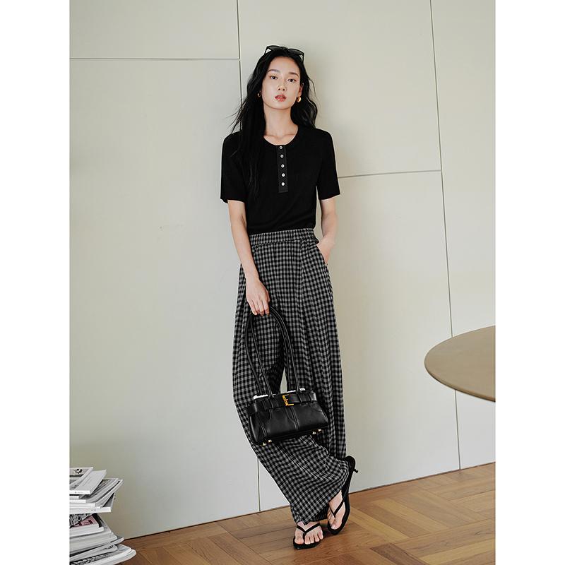 Jiuzi Anna Kou Casual Lazy Style Versatile Comfortable Pit Texture Short Sleeve Knitted Shirt for Women