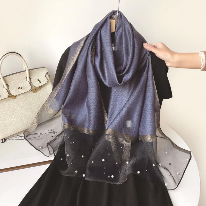 Новый однотонный шелковый шарф с жемчужным узором для женщин на весну и лето, европейский и американский искусственный шелк, тонкая шаль, длинный шарф