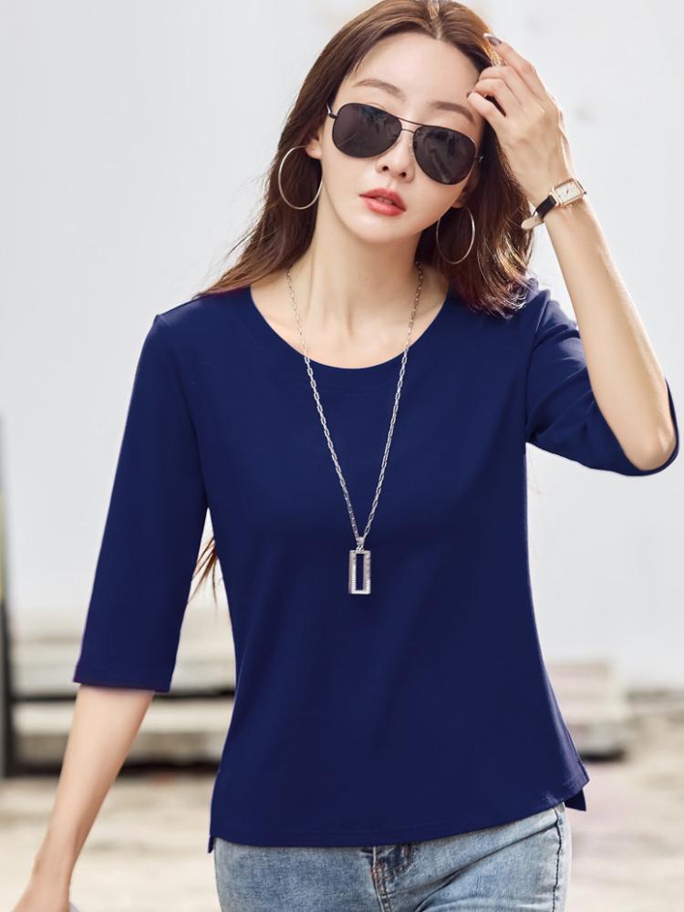 Summer T Shirt Women Cotton O-Neck Streetwear Tshirt Short Sleeve Solid Color Three Quarter Sleeve Tee Shirt Femme Sexy