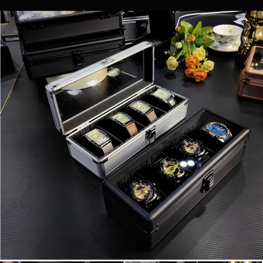Алюминиевая коробка для хранения часов с 4 отделениями - Ударопрочный и запираемый подарочный кейс