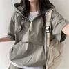 2 Pcs/Set Women Hoodie Shorts Set Half Zipper Hooded Three-quarter Sleeve Loose Big Pocket