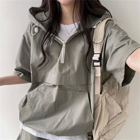 2 Pcs/Set Women Hoodie Shorts Set Half Zipper Hooded Three-quarter Sleeve Loose Big Pocket