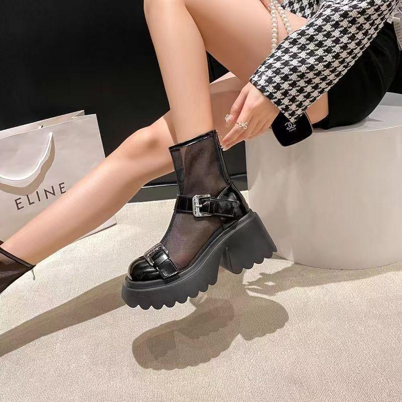 2024 Лето Новые толстые каблуки Высокий каблук Hollow Cool Boots Женские сетчатые сапоги Толстая подошва Короткие сапоги