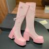 Fashion Cool Boots Spring New Round Head Net Cloth Deep Rivets Metal Buckle Sleeve Waterproof Platform High Boots