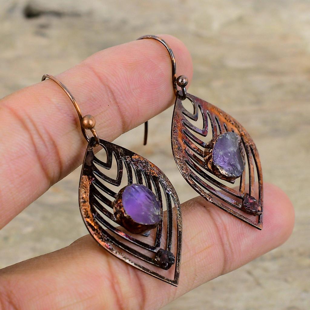 Грубые серьги с африканским аметистом, грубые серьги с розовым турмалином, гальванопластиковые медные серьги, ювелирные изделия ручной работы, уникальные серьги для подарка