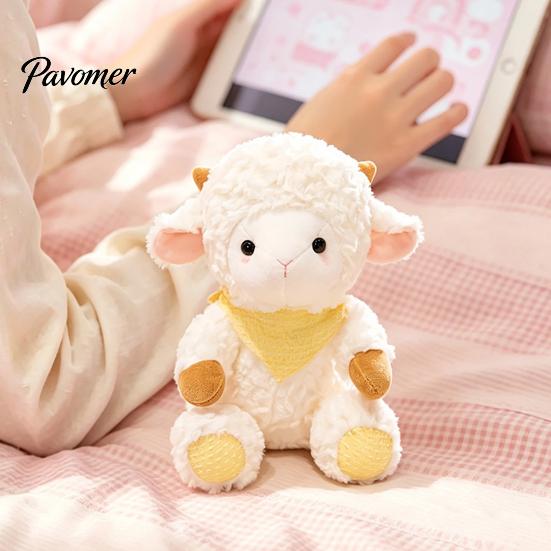Soft Huggable Doll Cute Lamb Plush Toy, Sheep Stuffed Animal with Knit Bandana, Fluffy Curly Fur Plushie for Kids Girls Birthday Gift, Year