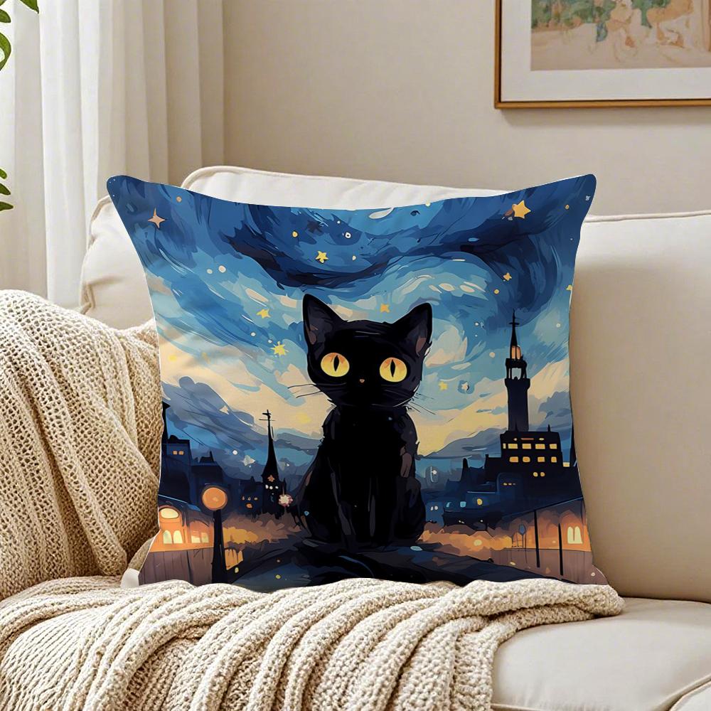 Fashion Casual Starry Sky Art cats Cozy Cushion Cover Linen Pillowcase Soft for Sofa Bed Home Room Decor