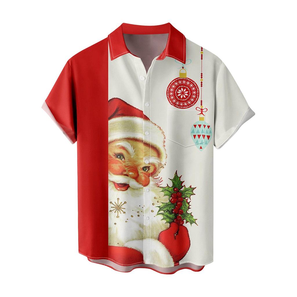 Мужская повседневная свободная рубашка на пуговицах в гавайском стиле с рождественским принтом и короткими рукавами, топ