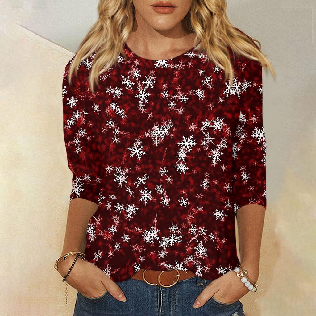 Women's Fashion Casual Round Neck 3/4 Sleeve Loose Christmas Printed T-Shirt Ladies Top