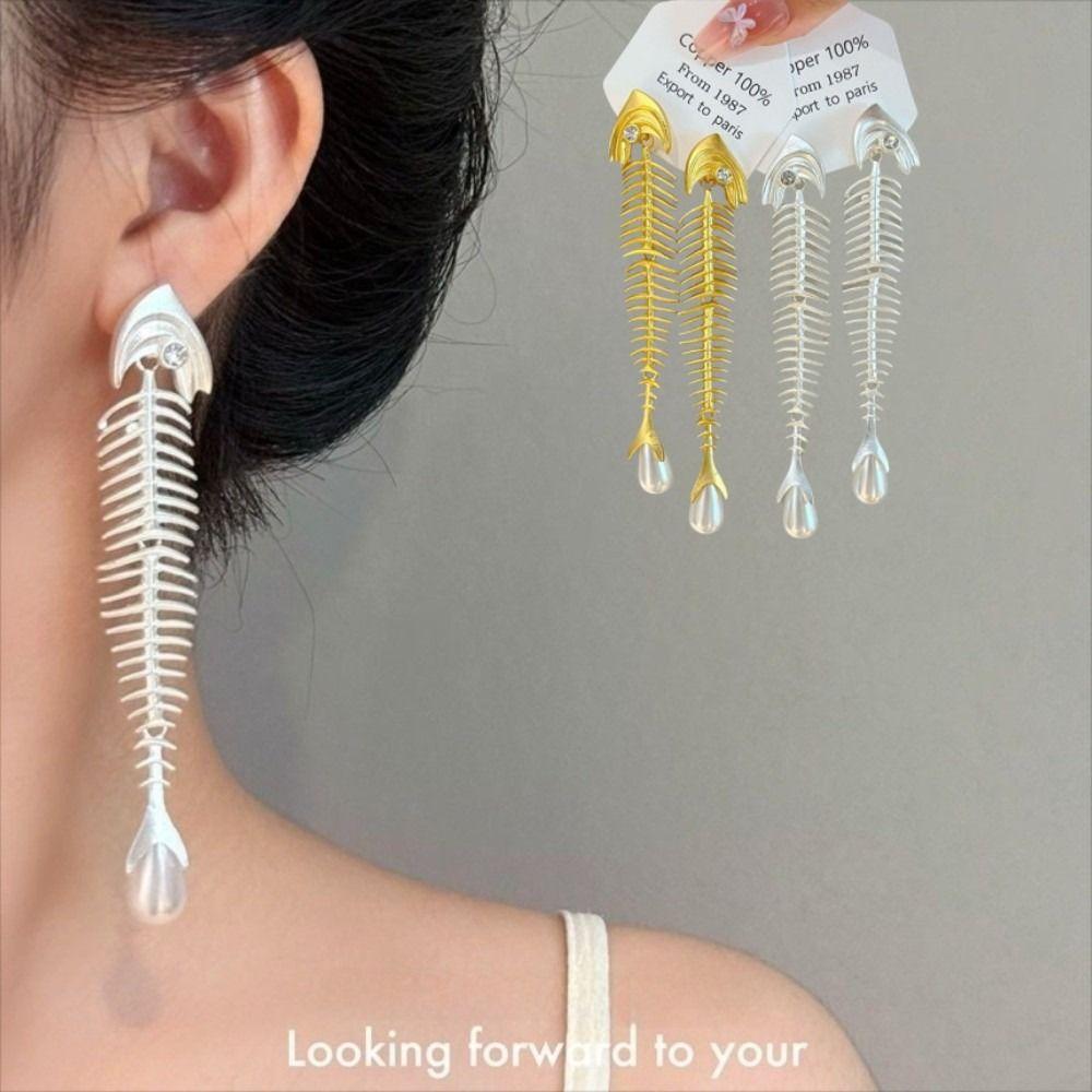 Punk Gothic Fish Bone Pearl Earrings Fishbone Shaped Drop Earrings Exaggerated Eardrop  Women