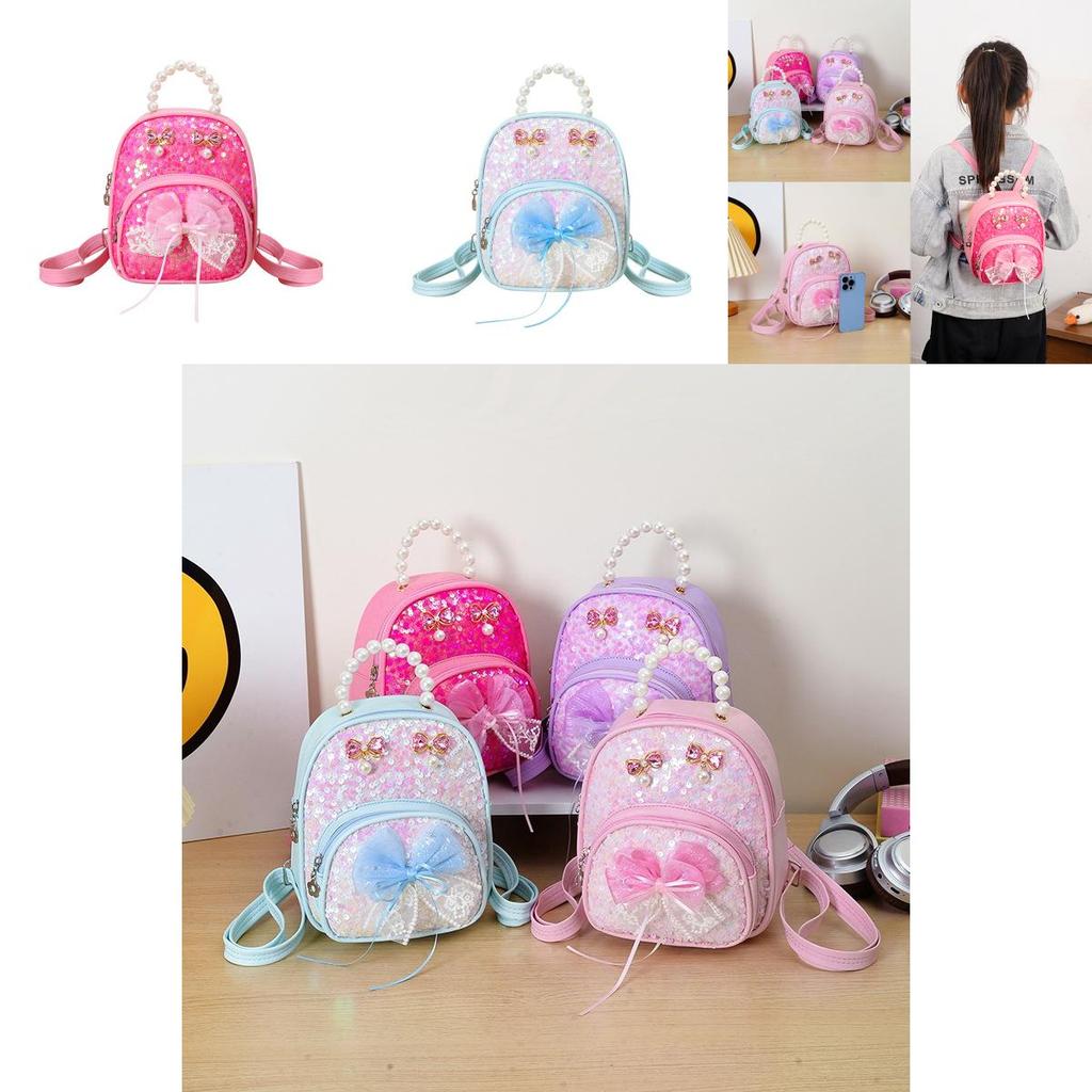 Childrens Cute Pink Pu Double Shoulder Bag With Artificial Pearl Hand Held And Bow Decor For Kindergarten