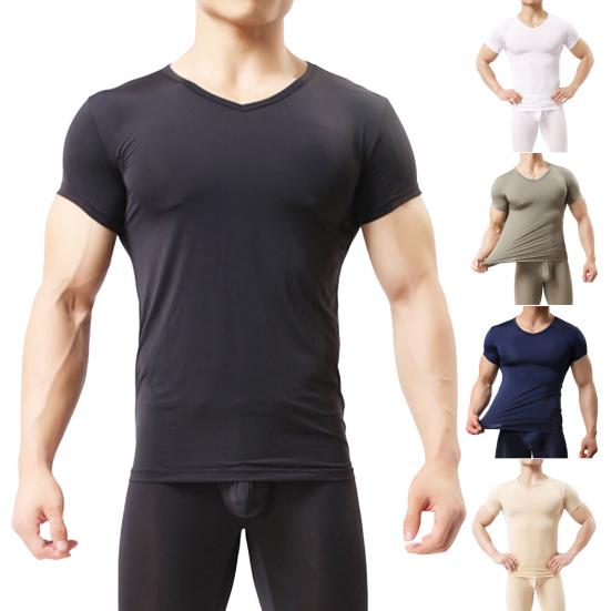 Summer Men Top Ultrathin Sweat Absorption Quick-drying Short Sleeves Round Neck Slim Fit Solid Color Breathable Elastic Casual Pullover Daily T-shirt