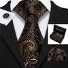 Mens Tie Gift Paisley Tie Pocket Square Cufflinks Gift Box Gold Black Silk Barry.Wang Necktie Set