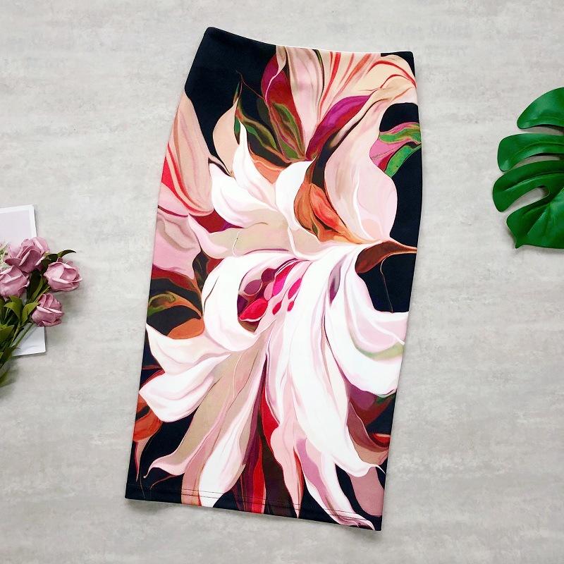 Летняя юбка на бедрах с цветочным принтом, женская утягивающая юбка с высокой талией и разрезом сзади, одноступенчатая юбка средней длины для пригородных офисов, юбка с цветами
